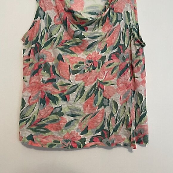 JOIE White Green Pink Tropical Floral Cowl Neck 100% Linen Sleeveless Blouse Top - Picture 3 of 12